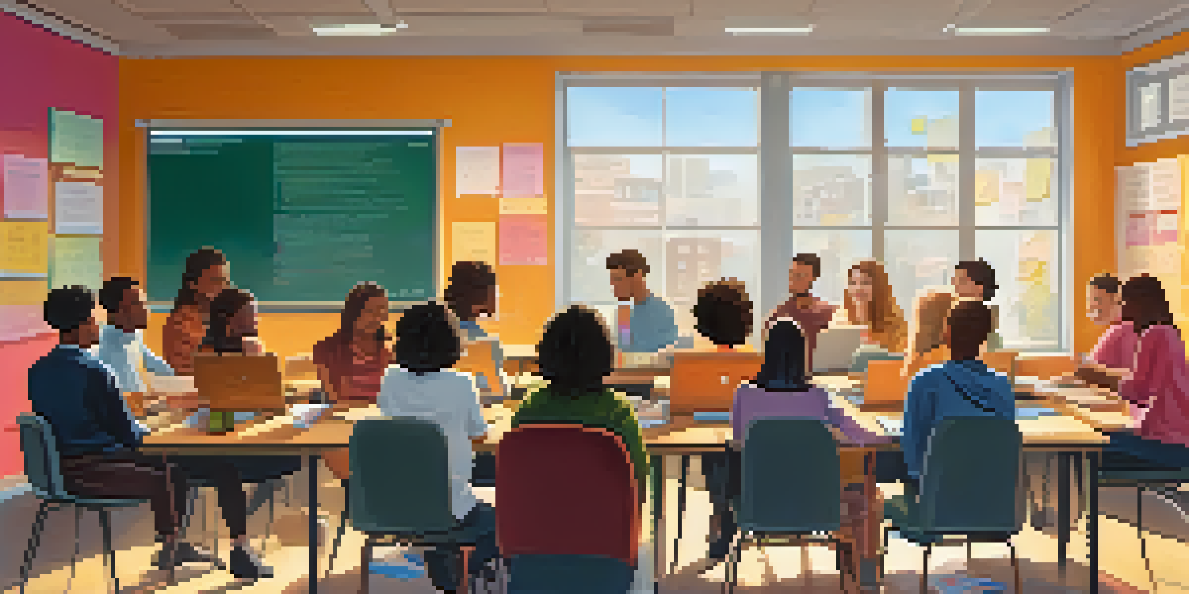 A diverse group of students participating in an online class, engaged in discussion with laptops and colorful sticky notes on a whiteboard.