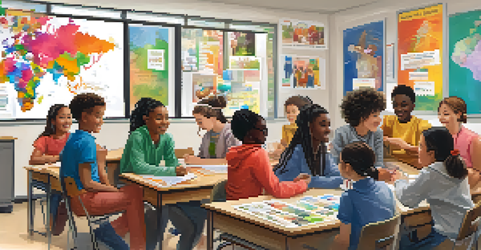 A diverse group of students in a colorful classroom working together on a project, showcasing collaboration and cultural inclusion.