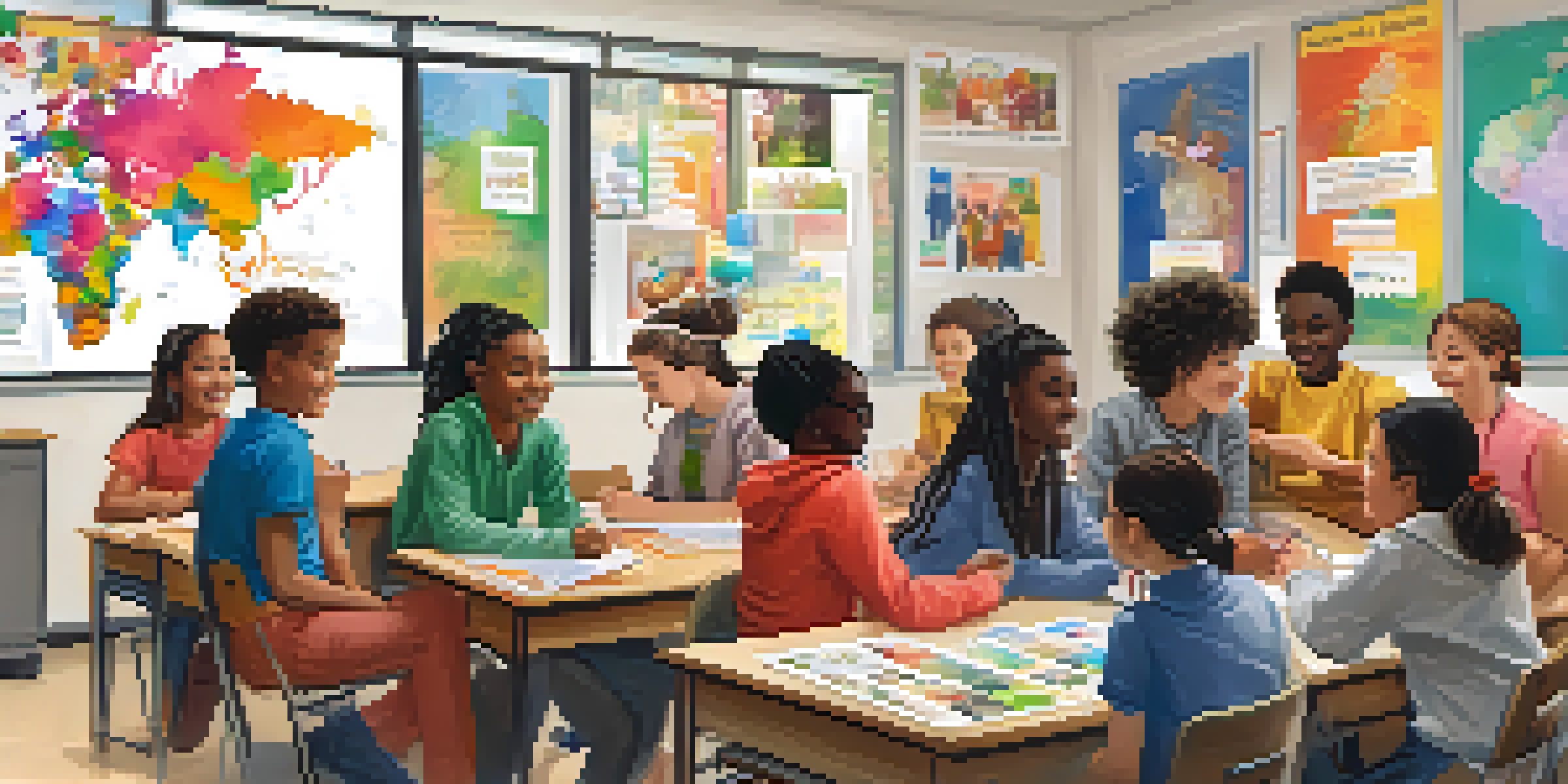 A diverse group of students in a colorful classroom working together on a project, showcasing collaboration and cultural inclusion.