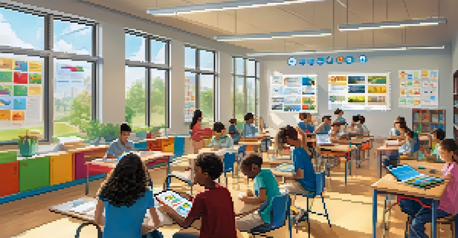 A lively classroom with diverse students using tablets for adaptive learning, with educational posters and natural light.