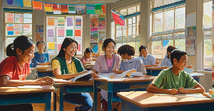 A diverse group of students in a colorful classroom collaborating on a project under sunlight, with a supportive teacher.