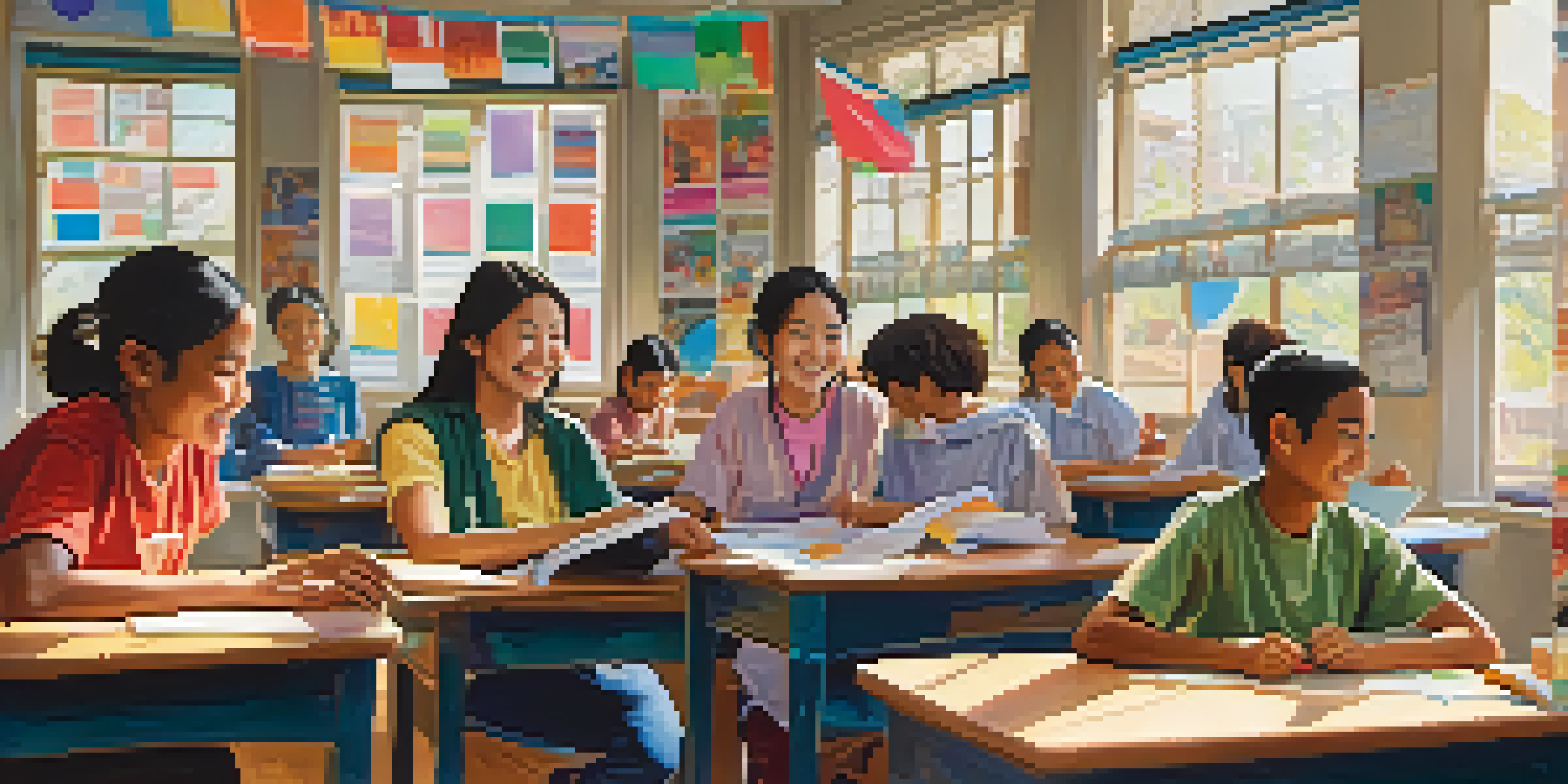 A diverse group of students in a colorful classroom collaborating on a project under sunlight, with a supportive teacher.