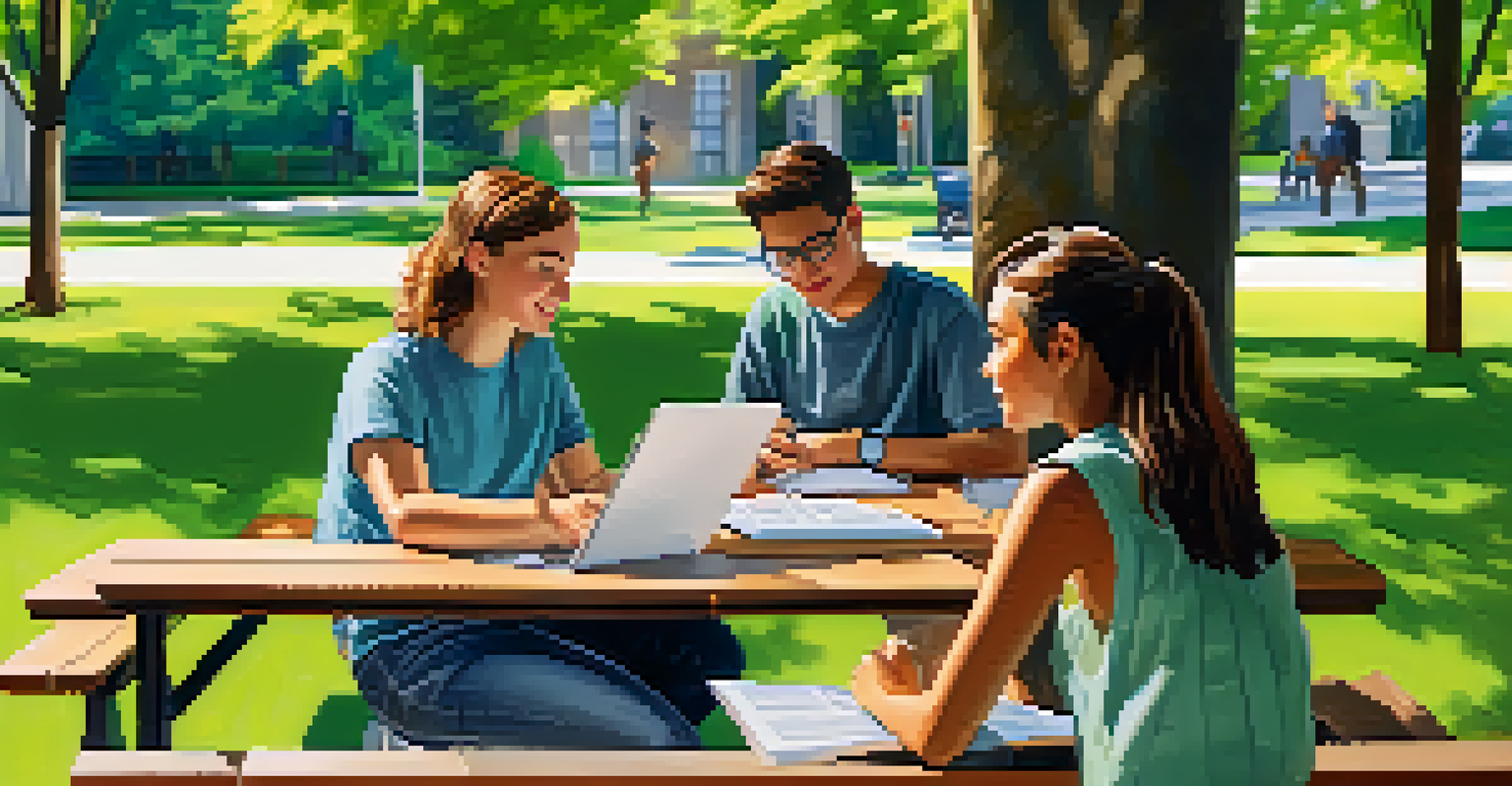 Students working together on a financial project outdoors, surrounded by nature, with laptops and notebooks spread out on a picnic table.