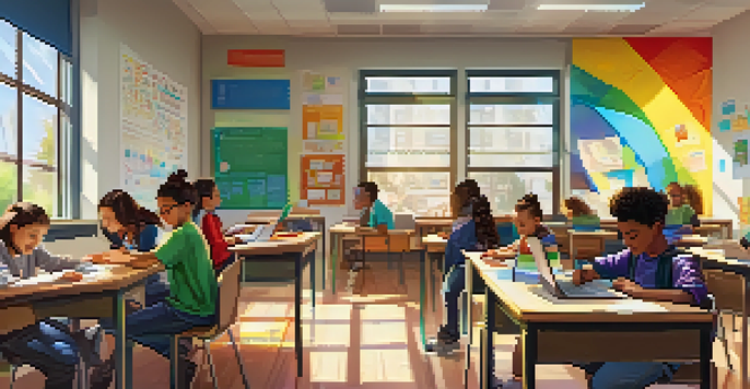 A lively classroom where students are engaged in various personalized learning activities, showcasing diversity and creativity.