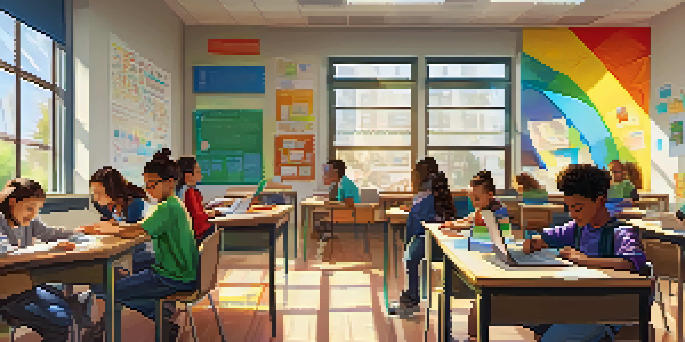 A lively classroom where students are engaged in various personalized learning activities, showcasing diversity and creativity.