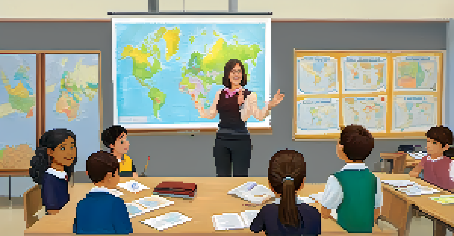 A teacher facilitating a discussion about global citizenship with students in a classroom decorated with a world map and cultural artifacts.