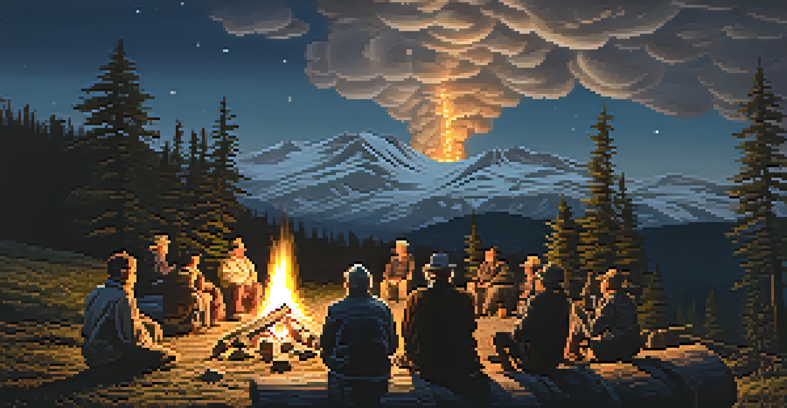 A group of people sitting around a campfire at night, listening to stories from an elder under the stars.