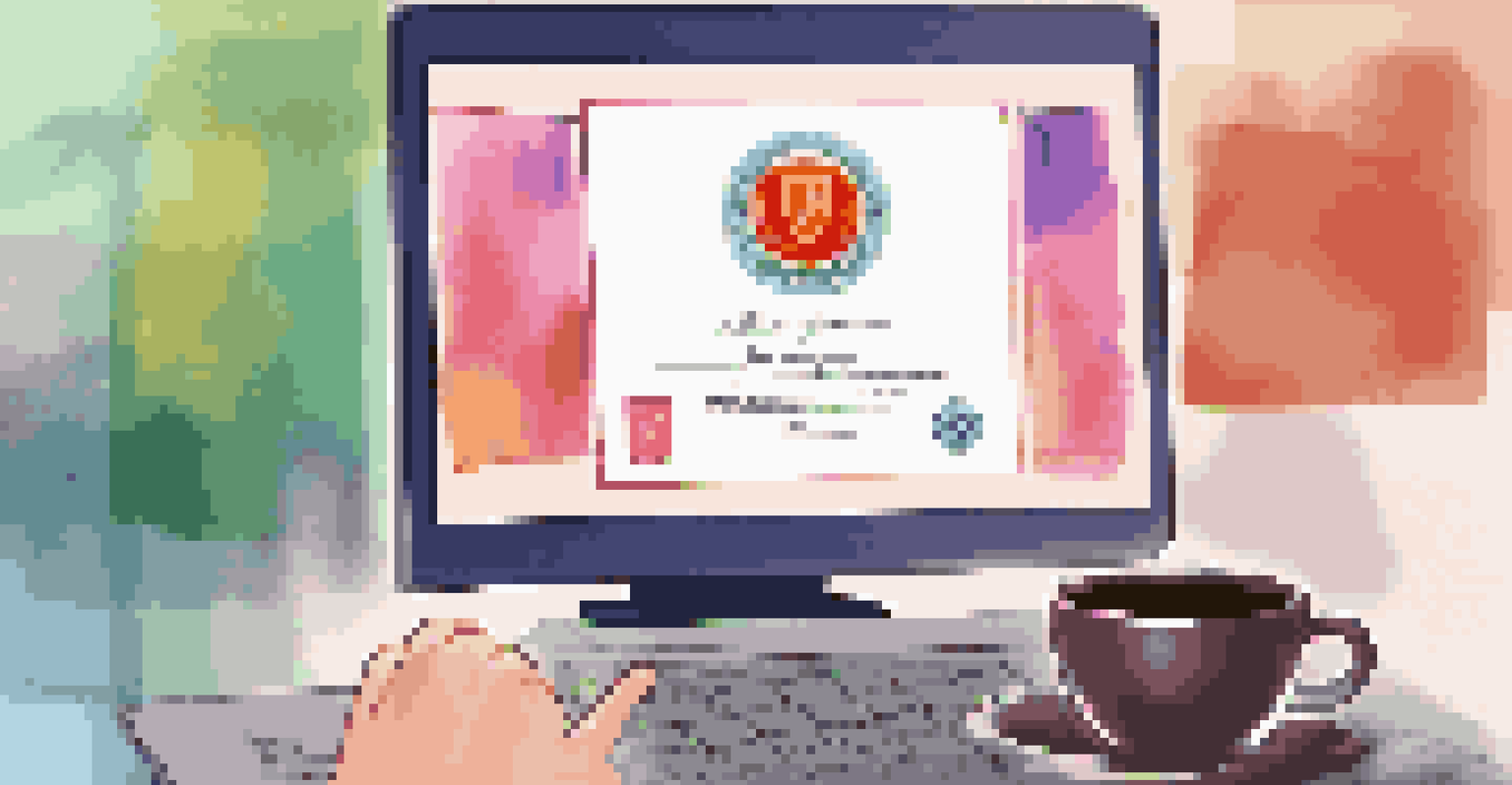 Close-up of a computer screen showing a digital badge and certificate, with a hand holding a coffee mug in the foreground.
