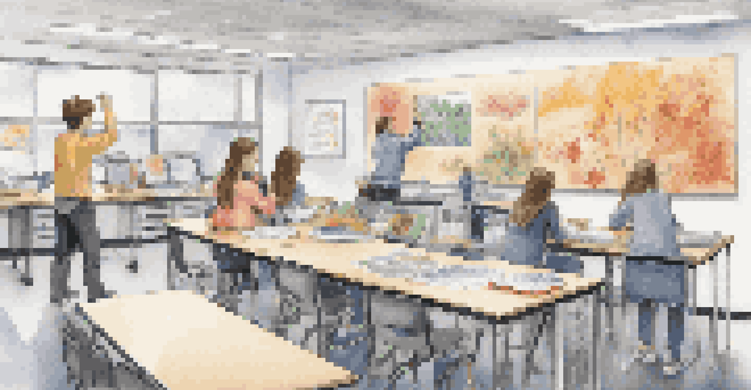 Students collaborating on various projects in a modern classroom, showcasing creativity and teamwork with artwork on the walls.