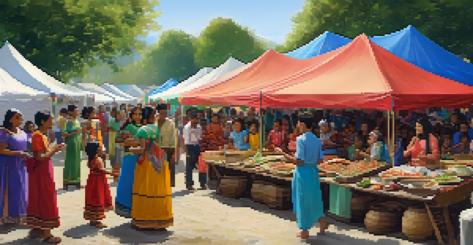 A community event featuring a teacher and families from diverse cultures enjoying food and games together.