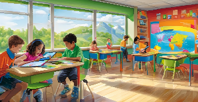 A colorful classroom with young children interacting with technology, using tablets and touchscreens, surrounded by educational posters and bright sunlight.
