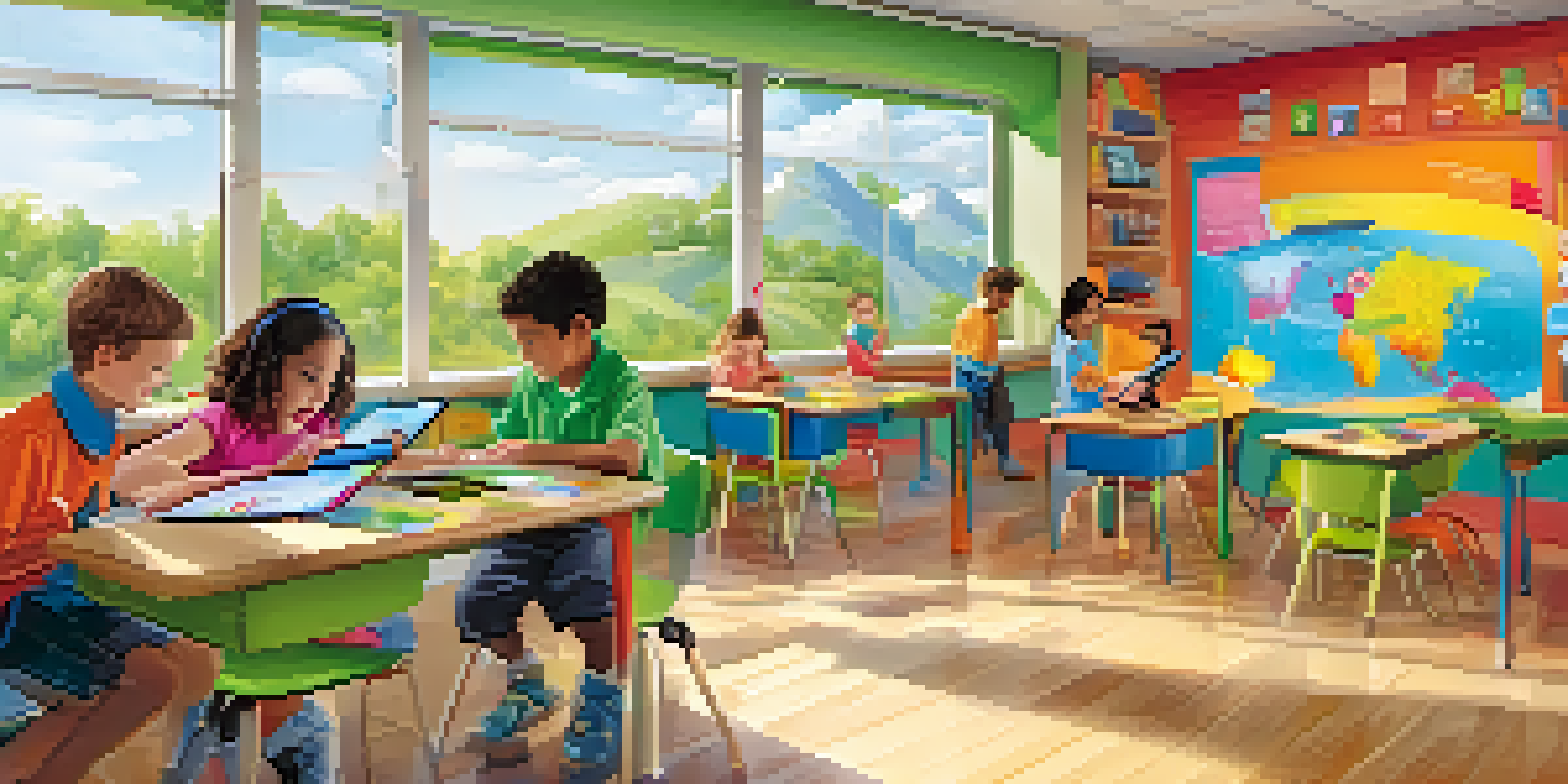 A colorful classroom with young children interacting with technology, using tablets and touchscreens, surrounded by educational posters and bright sunlight.