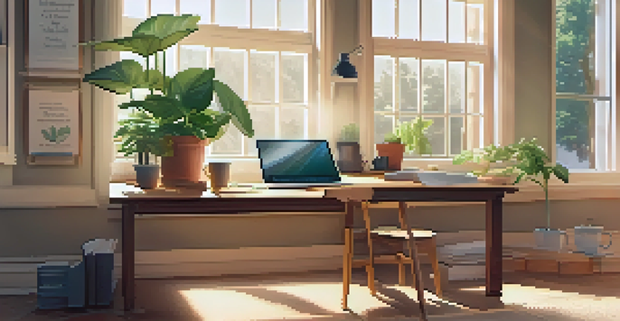 A cozy study space with a wooden desk, an open laptop, notebooks, and a cup of coffee, illuminated by soft natural light.