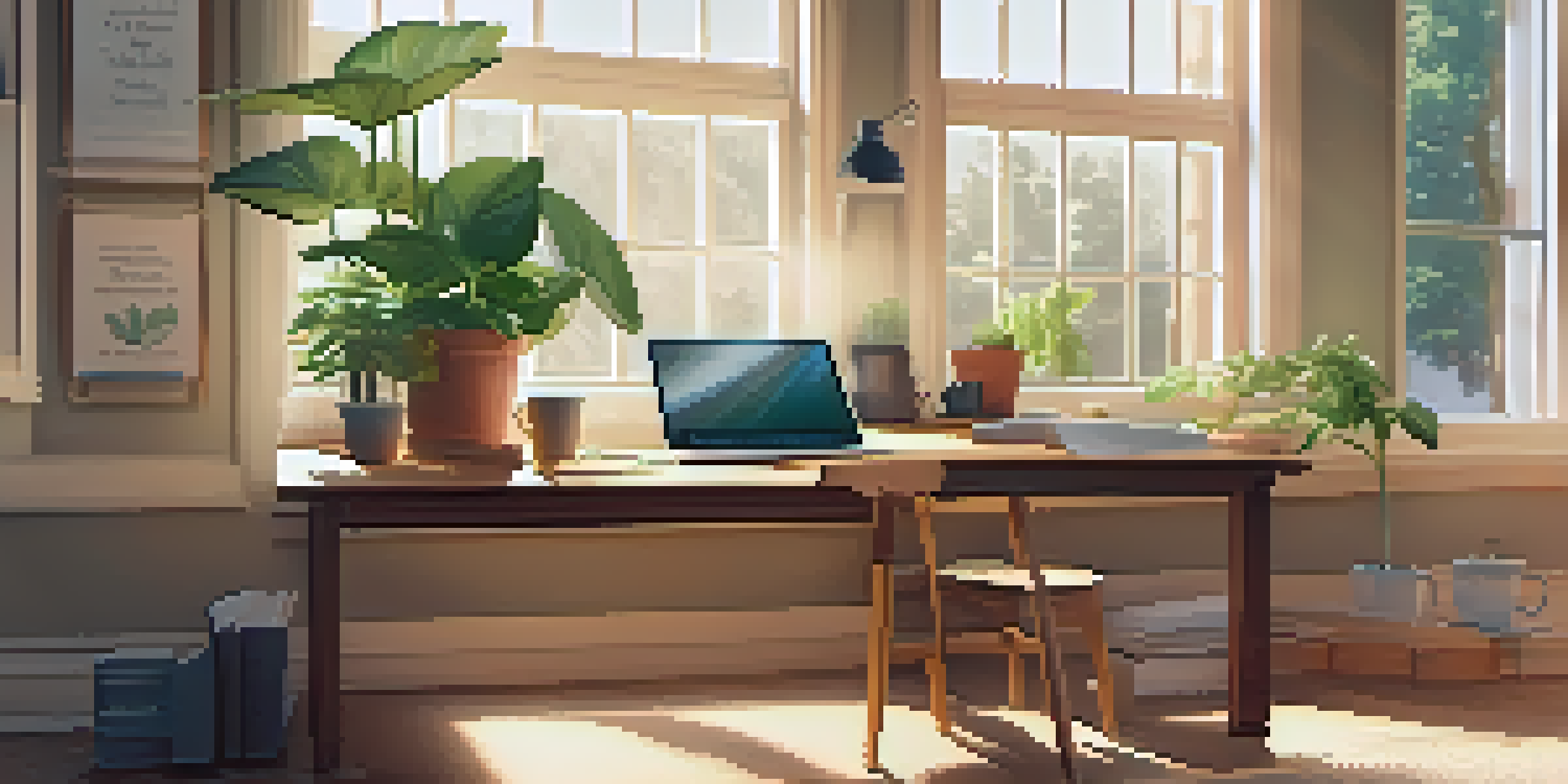 A cozy study space with a wooden desk, an open laptop, notebooks, and a cup of coffee, illuminated by soft natural light.