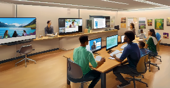A diverse group of students participating in an online video conference, smiling and engaged with interactive quizzes on their laptops.