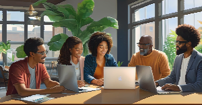 A diverse group of people working together on laptops in a bright community space.