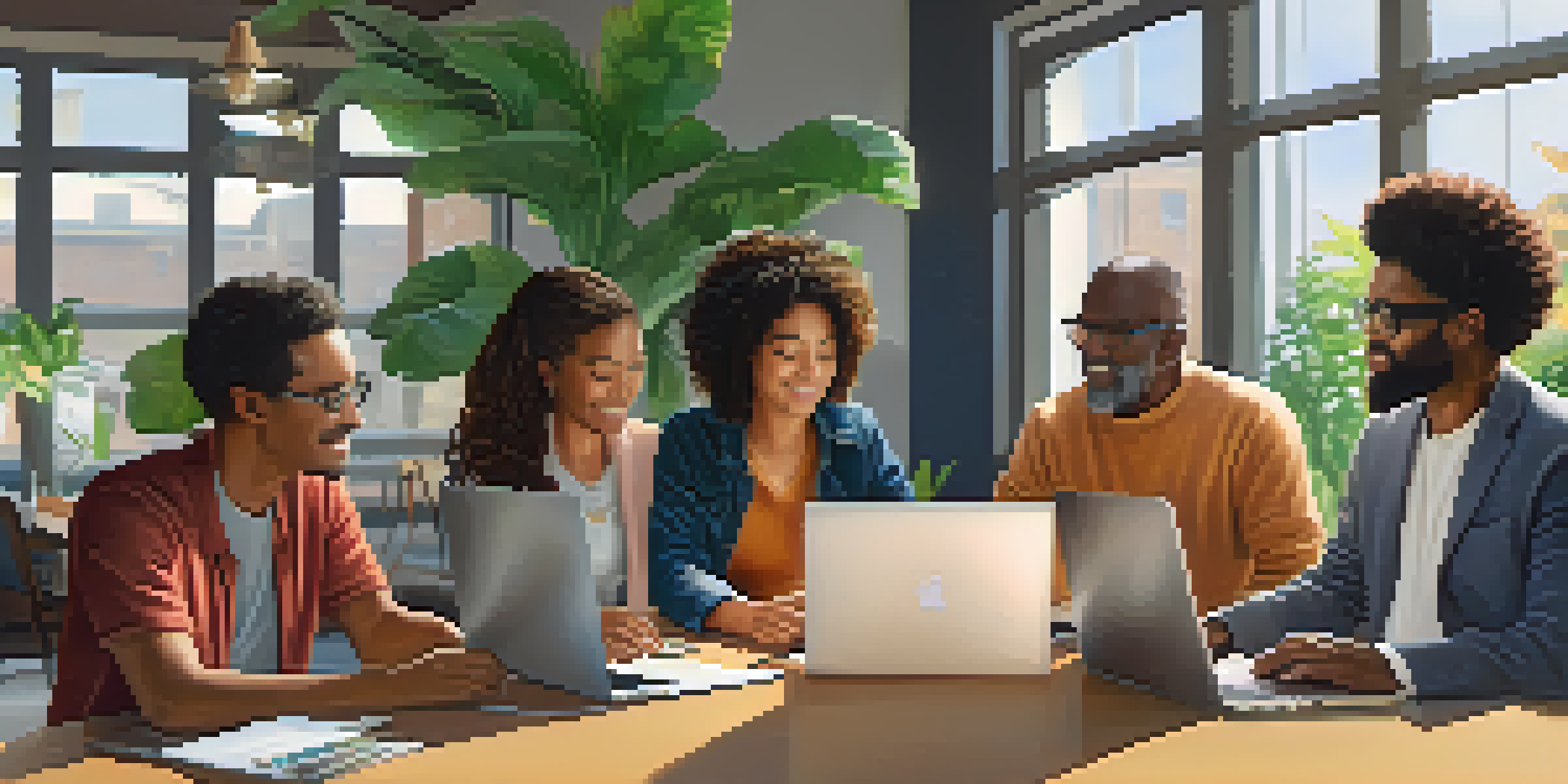 A diverse group of people working together on laptops in a bright community space.