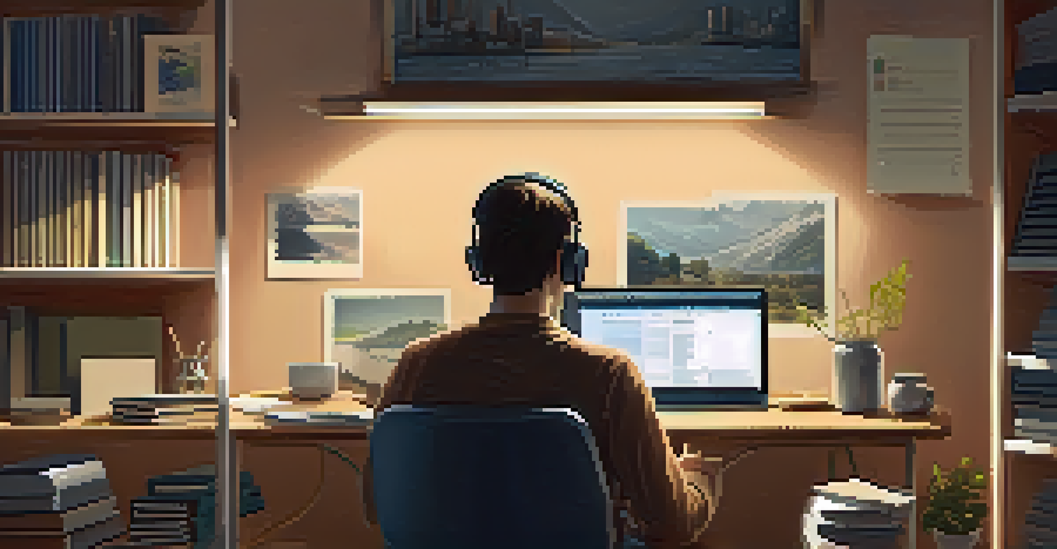 A person focused on digital research at their desk, surrounded by technology and study materials.