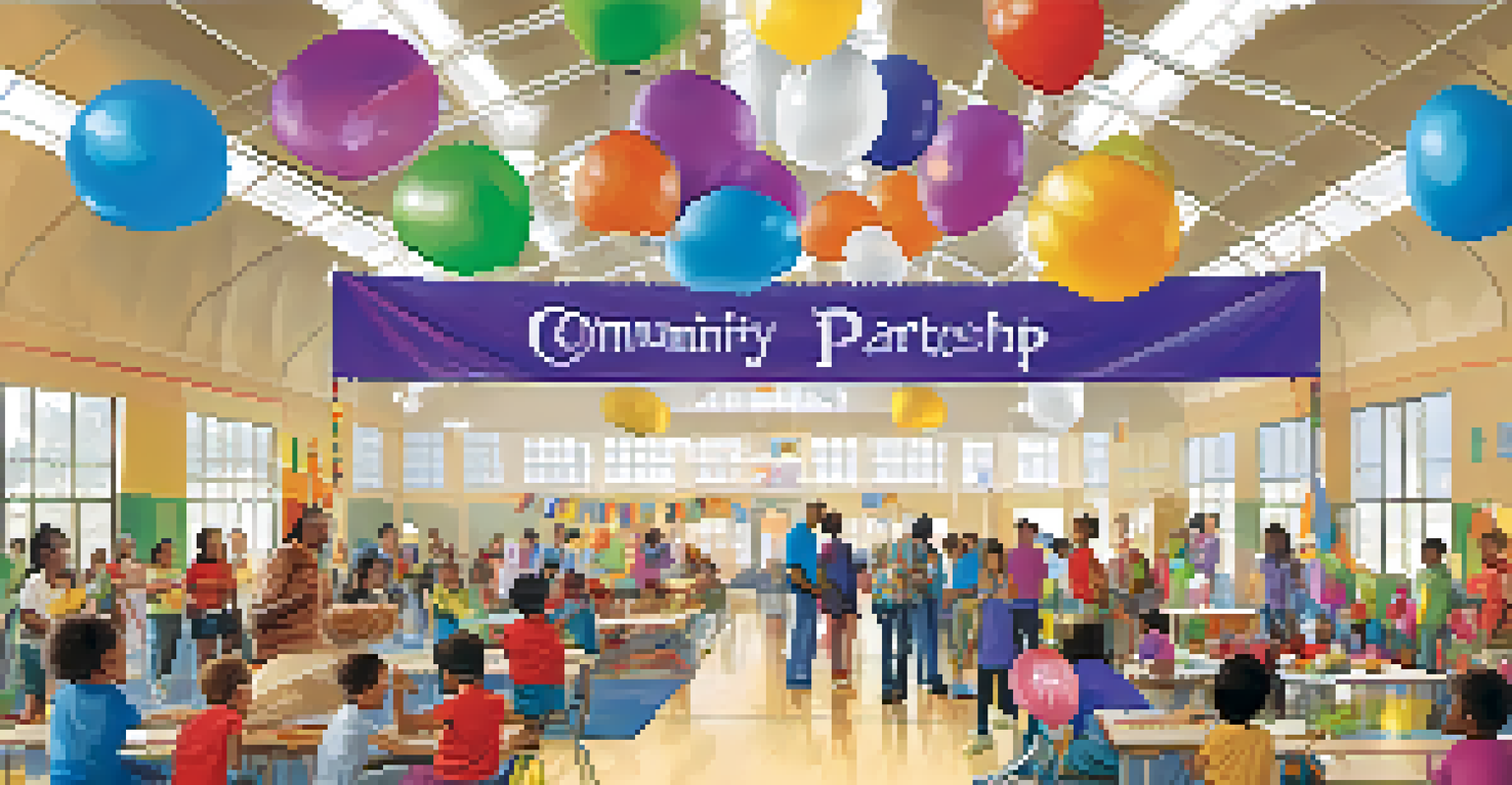 A community partnership event in a school gym with families and organizations interacting, featuring colorful booths and engaging activities for children.