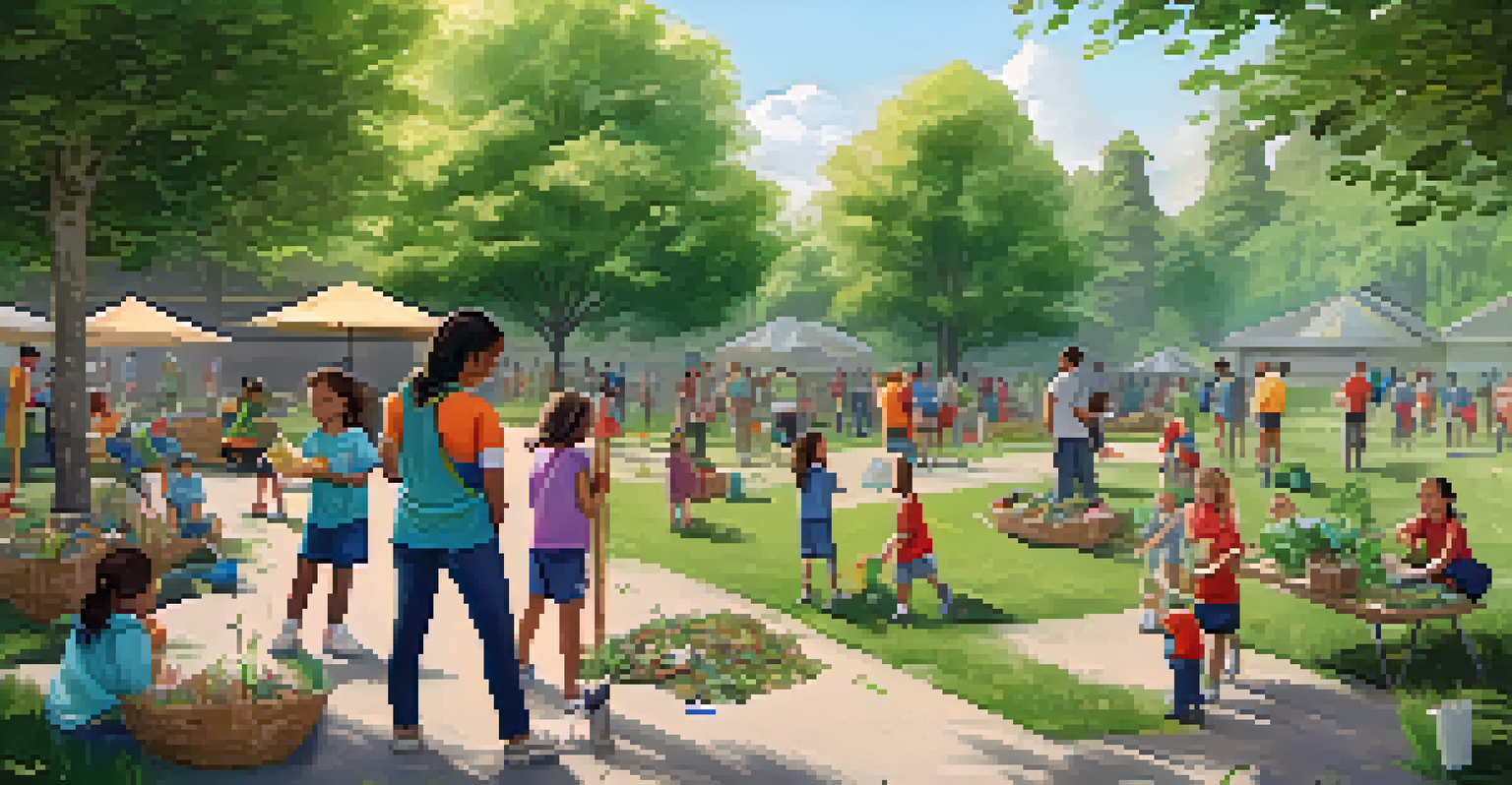 A community outdoor event where families are involved in a nature clean-up, showcasing collaboration and engagement with the environment.
