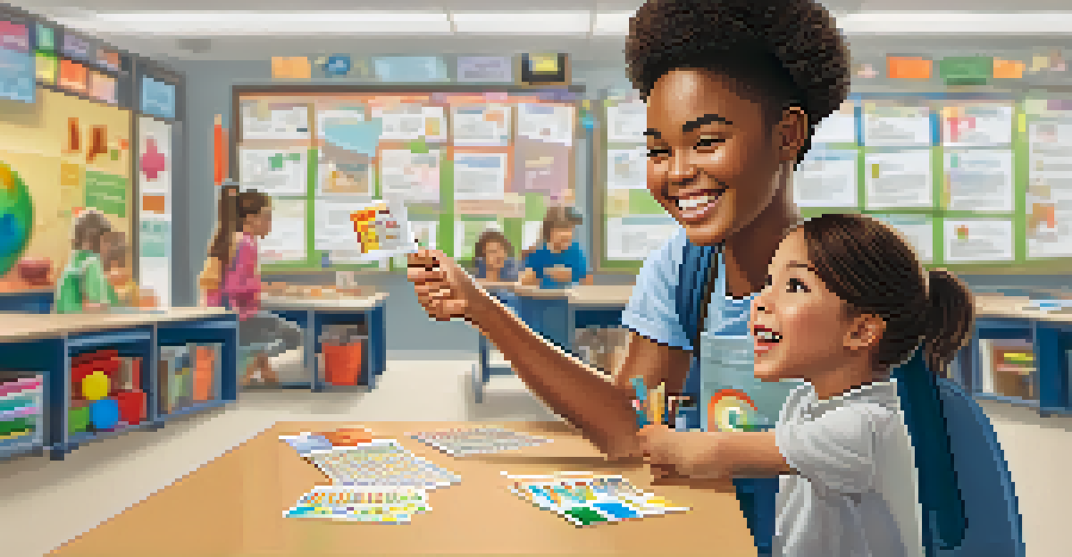 A student happily receiving a sticker reward from a teacher in a colorful classroom setting.