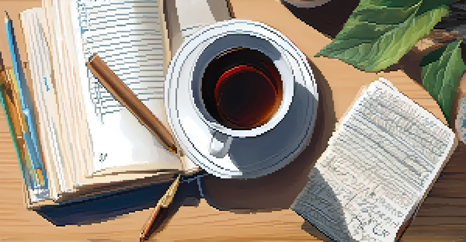 A close-up of a student's hand writing in a journal filled with encouraging phrases, with a cup of herbal tea beside it.