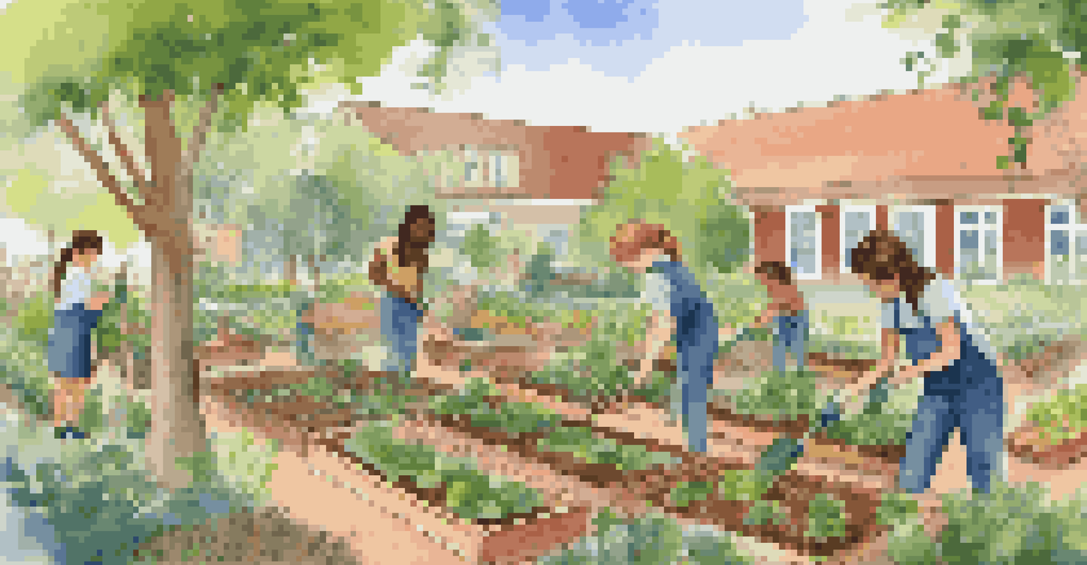 Students participating in sustainability projects in a school garden, planting trees and vegetables.