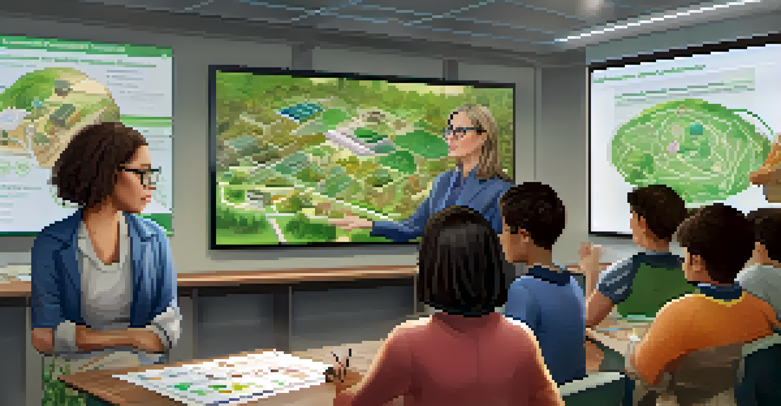 A classroom with a teacher explaining ecological concepts using a digital board, surrounded by attentive students of various backgrounds.
