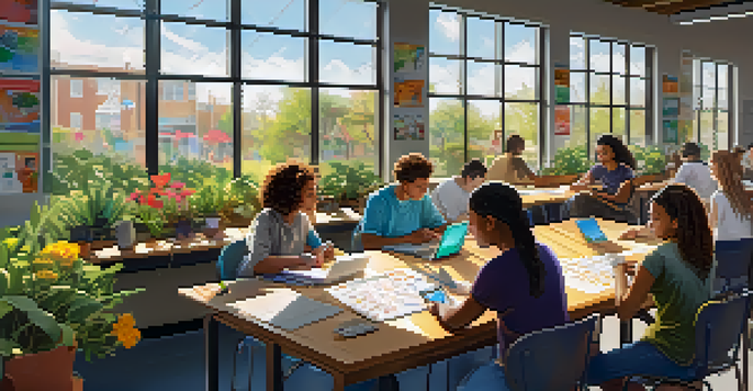 A lively classroom with diverse students working together on a community project, with colorful decorations and natural light.