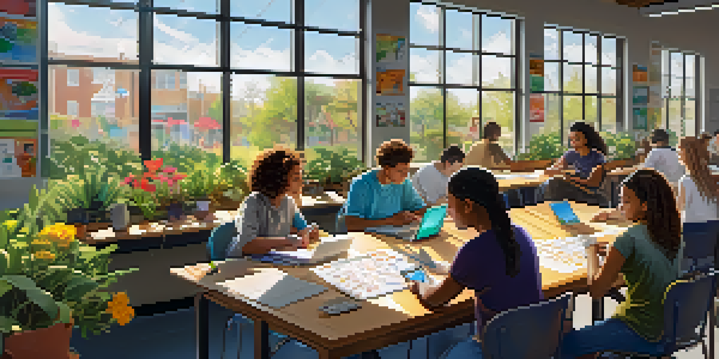 A lively classroom with diverse students working together on a community project, with colorful decorations and natural light.