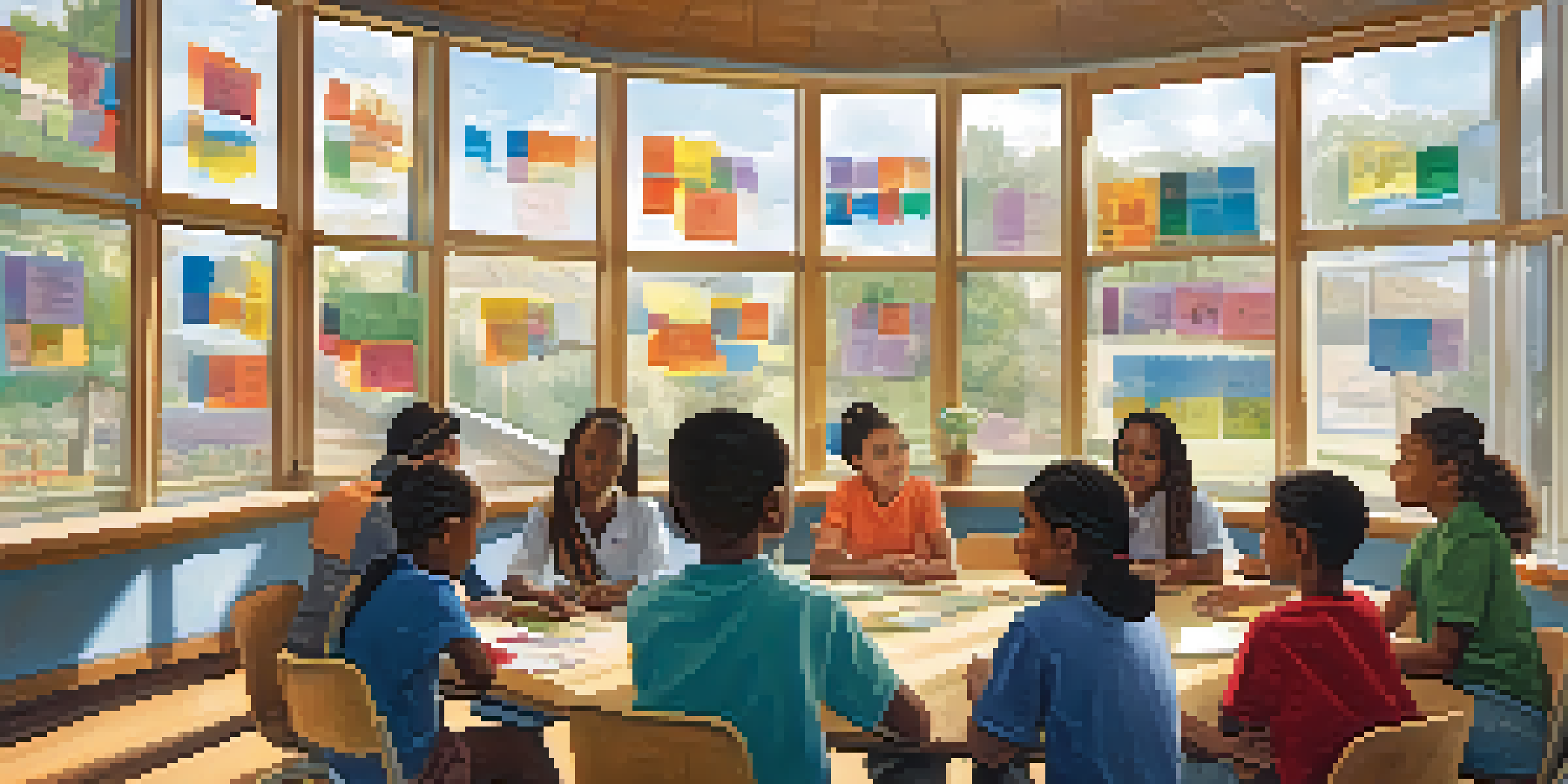 A diverse group of students in a classroom discussing emotions, with a teacher facilitating the conversation, surrounded by bright educational posters.