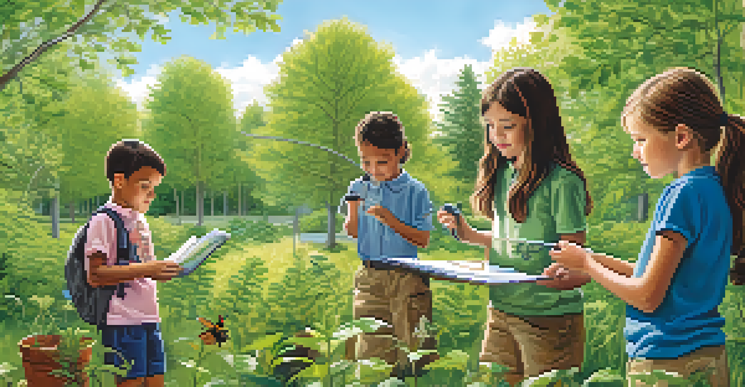 Students exploring nature outdoors, using magnifying glasses to observe plants and insects under the guidance of a teacher.