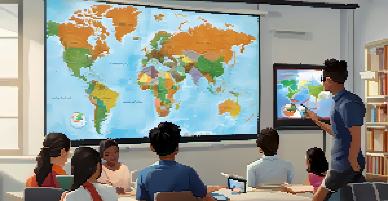 A virtual classroom with students from different countries participating in a video conference, with a teacher at a smartboard.
