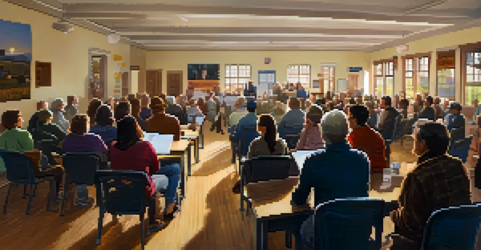 A community meeting in a rural town hall with residents discussing educational initiatives and collaborating around a table.