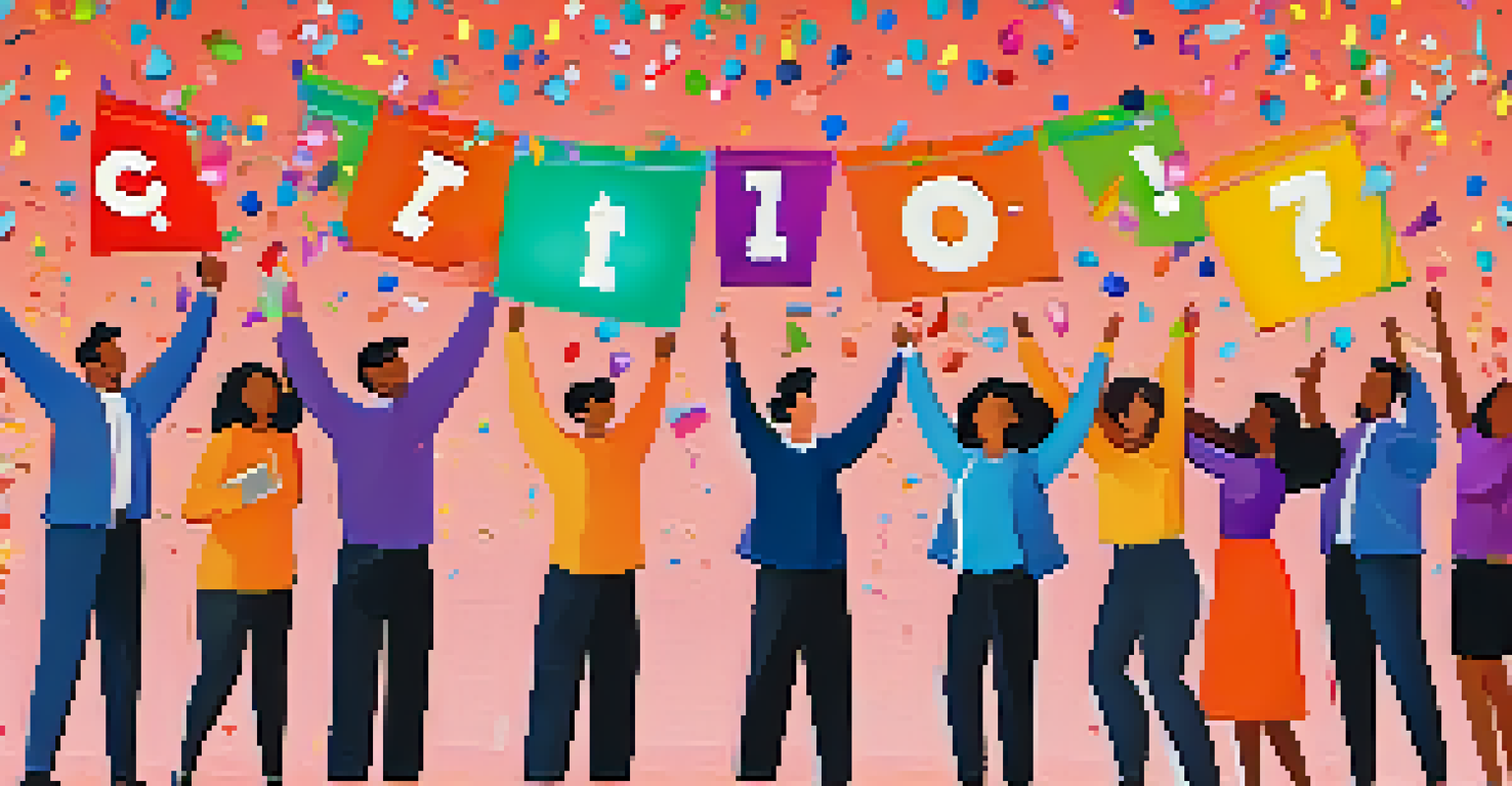 Members of an online learning community celebrating achievements in a video conference with colorful decorations and a congratulatory banner.