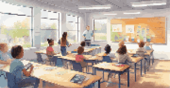 A vibrant classroom where students use tablets and laptops for learning, with a teacher guiding them.