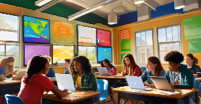 A diverse group of students actively participating in a blended learning classroom, with digital screens and natural light creating a warm atmosphere.