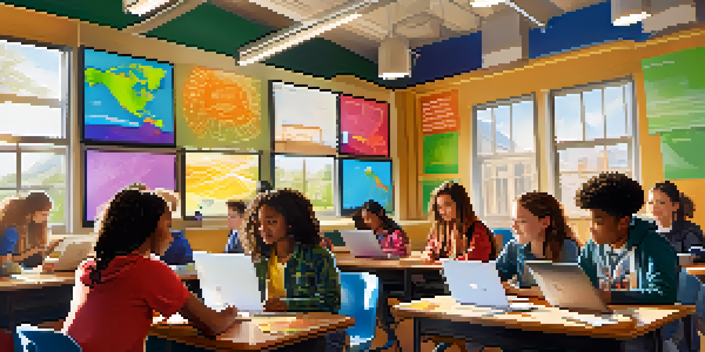 A diverse group of students actively participating in a blended learning classroom, with digital screens and natural light creating a warm atmosphere.
