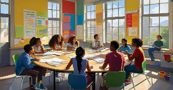 A lively classroom with students collaborating around a table and a teacher facilitating discussions.