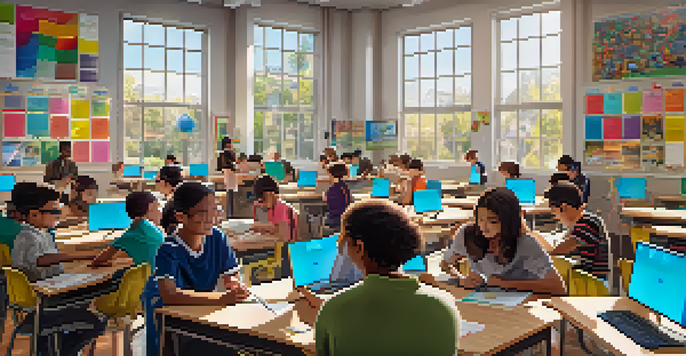 A classroom filled with students using augmented reality headsets to explore a 3D model of the human body, surrounded by colorful educational materials and bright sunlight.