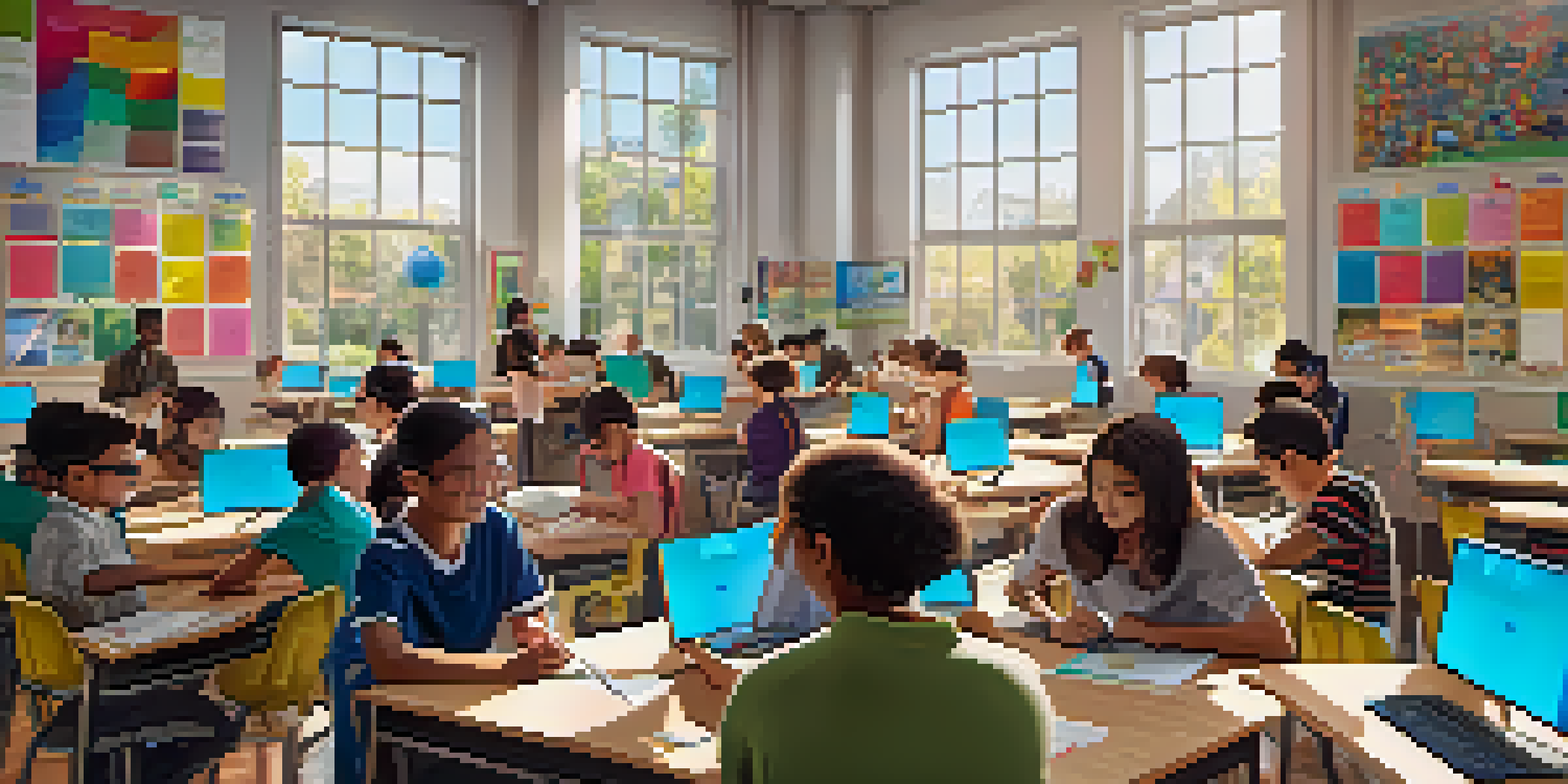 A classroom filled with students using augmented reality headsets to explore a 3D model of the human body, surrounded by colorful educational materials and bright sunlight.