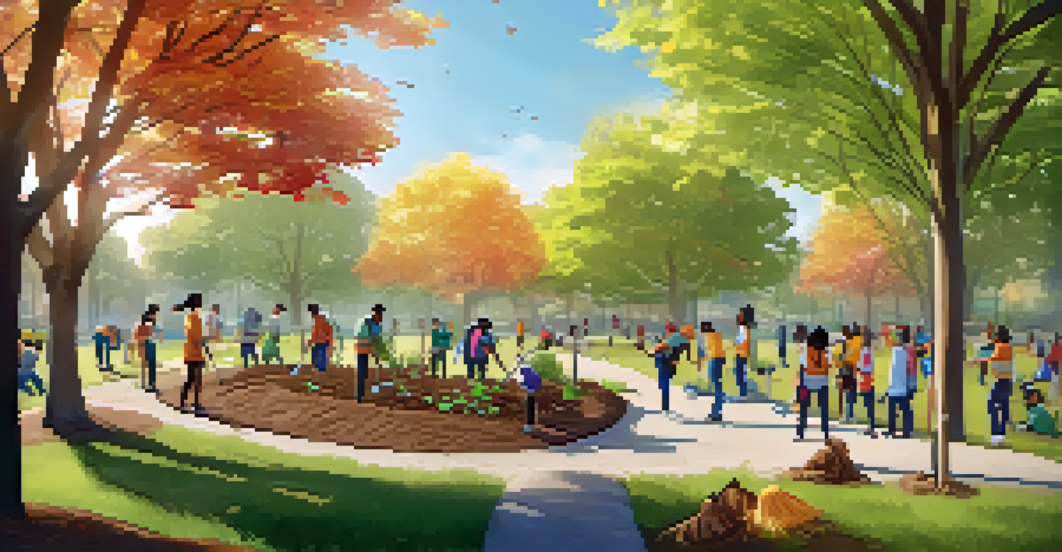 A diverse group of students planting trees in a sunny park, engaging with a community member, with banners promoting sustainability in the background.