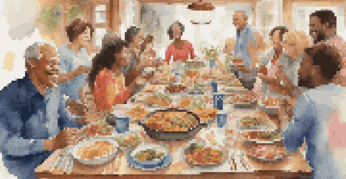 A lively potluck dinner with diverse dishes and people sharing food at a long table.