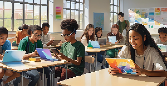 A classroom with diverse students engaged in learning using mobile devices like tablets and smartphones, surrounded by colorful educational materials.