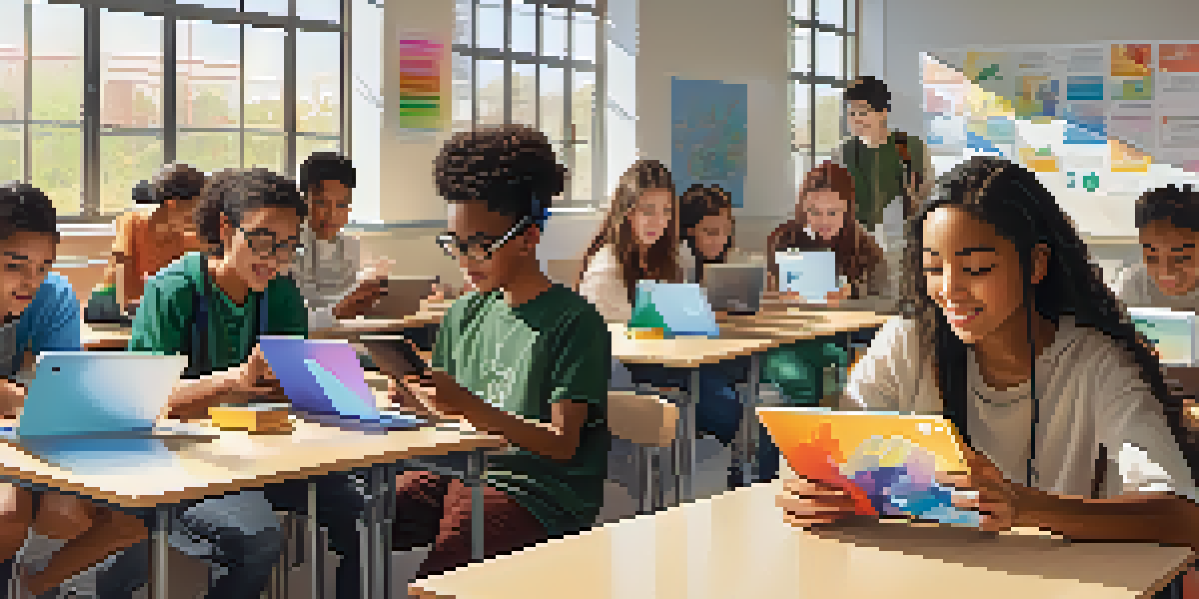 A classroom with diverse students engaged in learning using mobile devices like tablets and smartphones, surrounded by colorful educational materials.