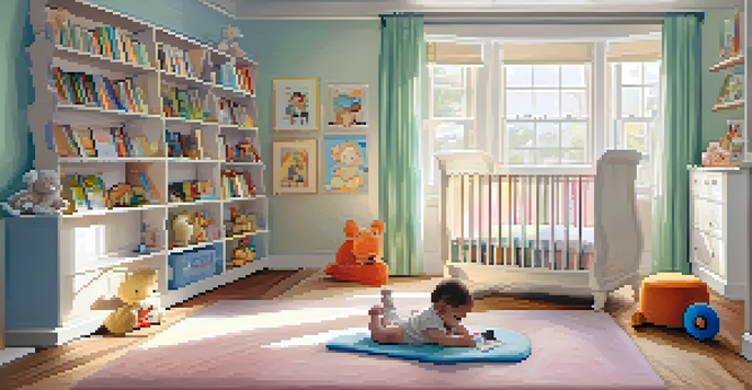 A bright nursery with a baby sitting on a rug surrounded by toys and books, with soft lighting and colorful decor.