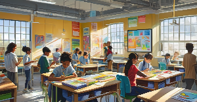 A lively classroom filled with diverse students working on a STEAM project, surrounded by art supplies and scientific diagrams, with sunlight pouring in through the windows.