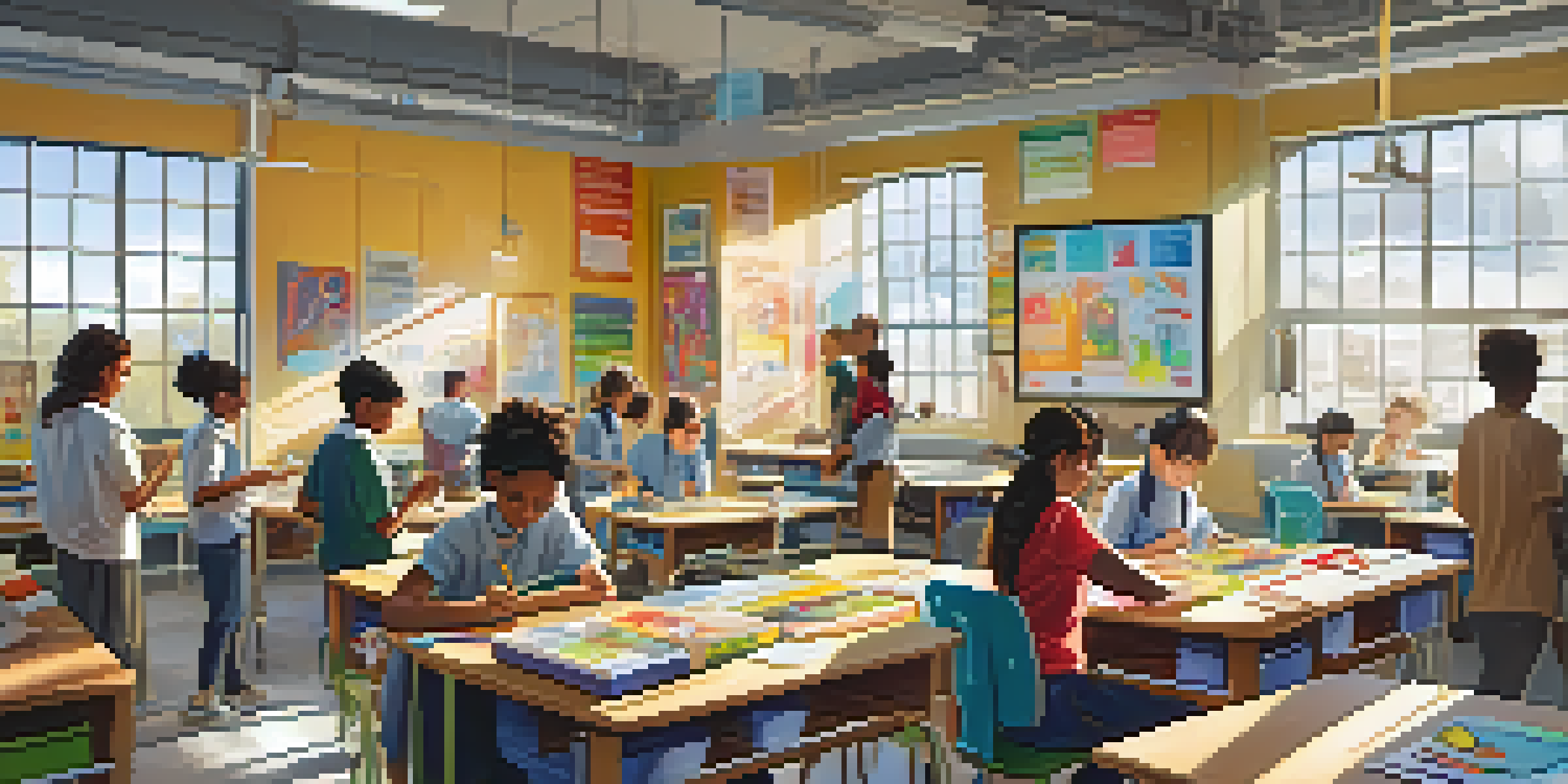 A lively classroom filled with diverse students working on a STEAM project, surrounded by art supplies and scientific diagrams, with sunlight pouring in through the windows.