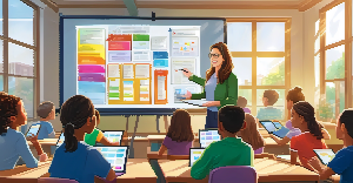 A lively classroom with a teacher and students using technology, including a digital whiteboard, laptops, and tablets, with bright sunlight coming through the windows.