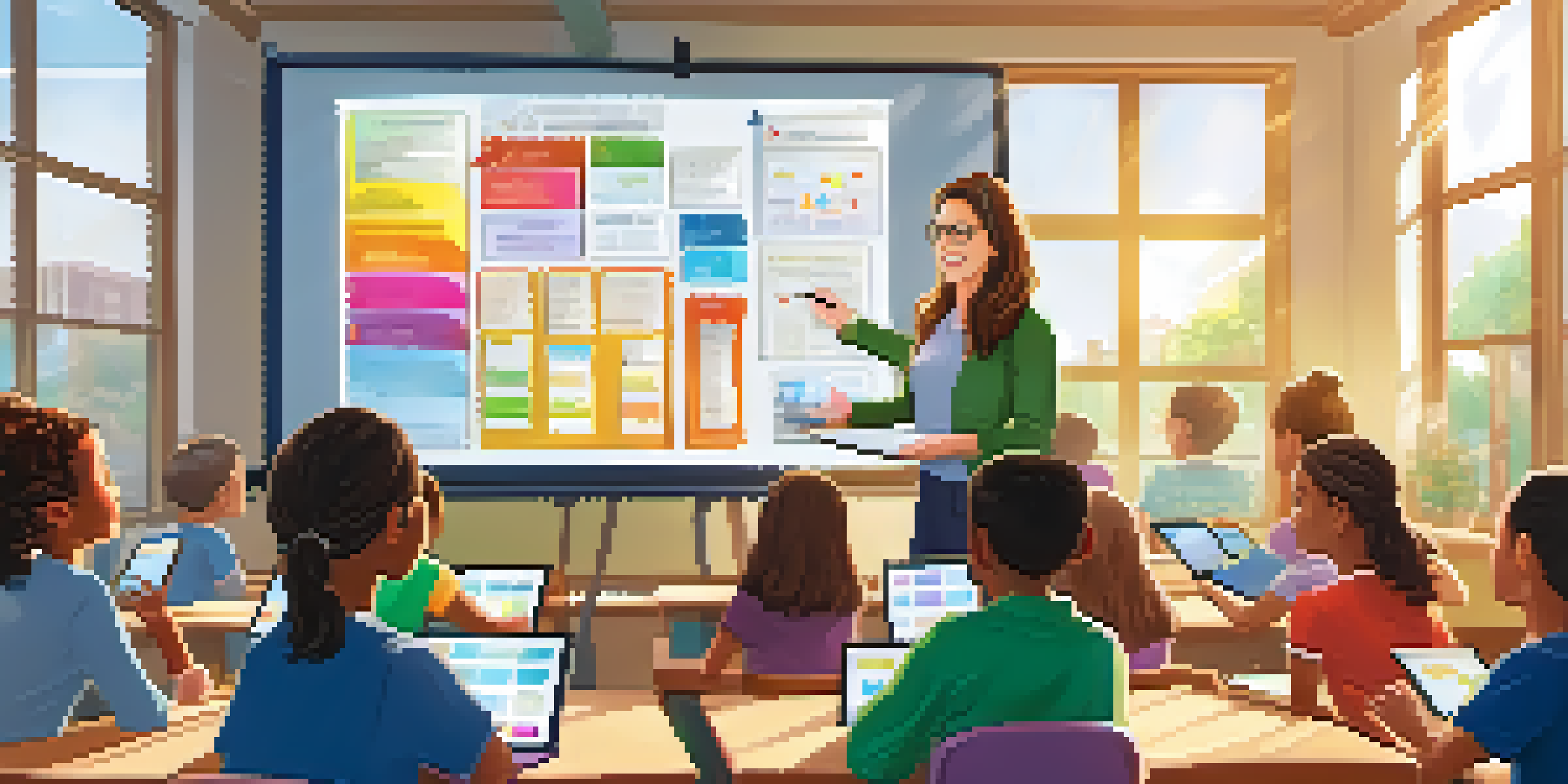 A lively classroom with a teacher and students using technology, including a digital whiteboard, laptops, and tablets, with bright sunlight coming through the windows.